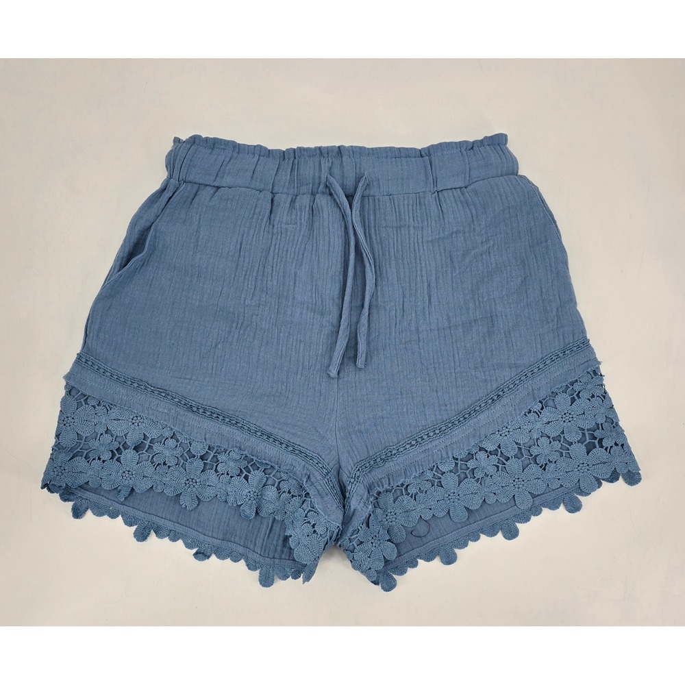 Very J Women's L Blue Cotton Gauze Crochet Lace Shorts Boho Coastal NWT